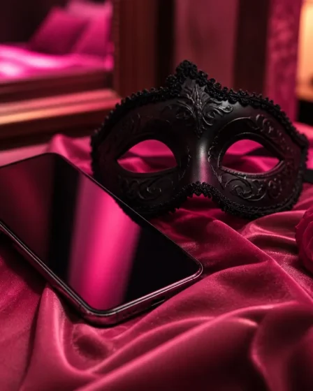 Phone mask and rose on pink satin