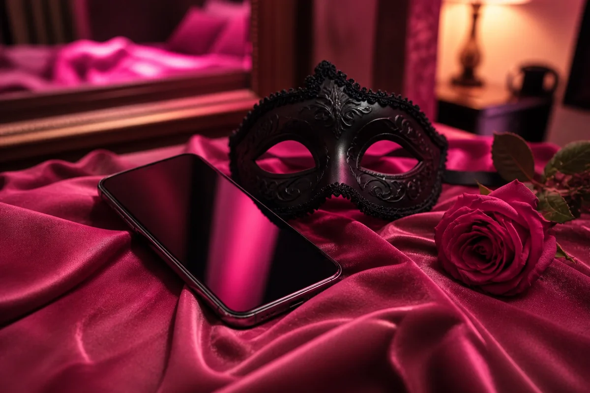 Phone mask and rose on pink satin