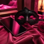 Téléphone masque et rose sur un satin rose
