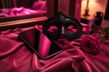 Téléphone masque et rose sur un satin rose
