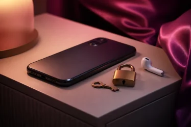 Phone with a brass padlock on a pink bedside table