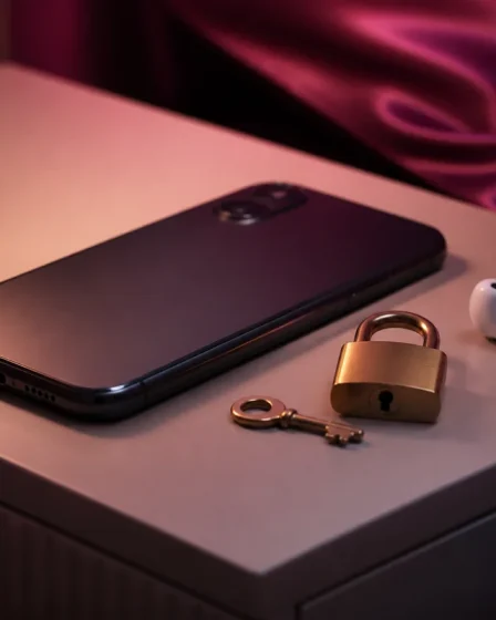 Phone with a brass padlock on a pink bedside table