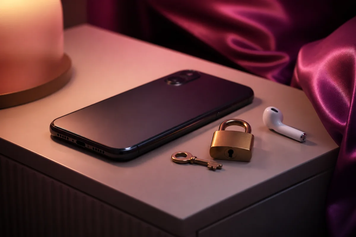 Phone with a brass padlock on a pink bedside table