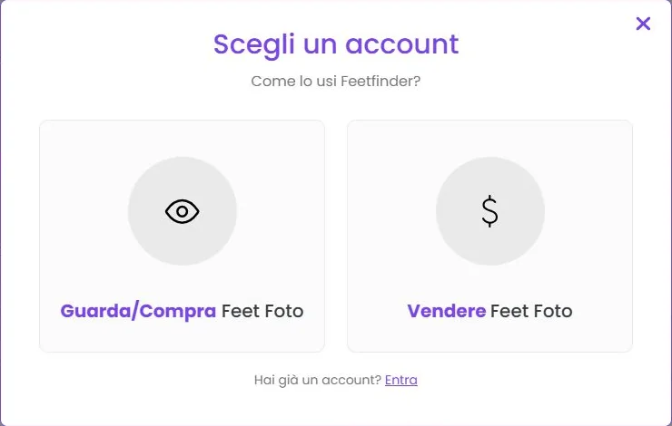 Schermata italiana FeetFinder con scelta tra acquisto e vendita