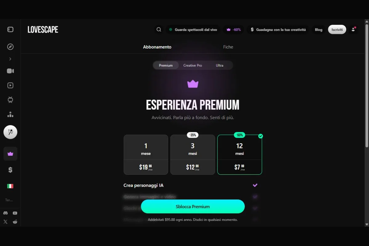Prezzi Premium Lovescape mostrati sulla pagina italiana ufficiale