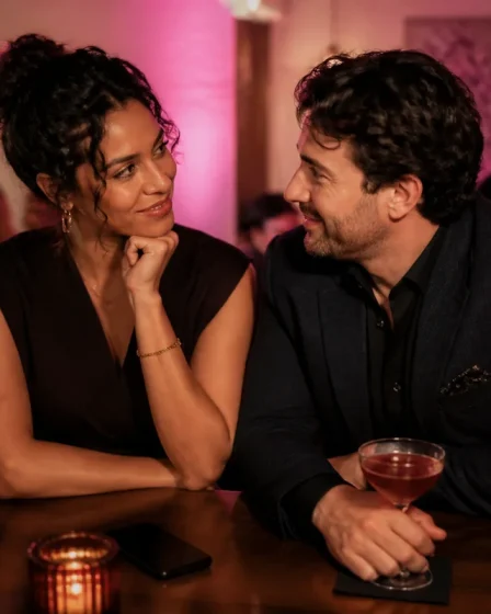 Two adults talking in a softly lit cocktail bar with pink accents