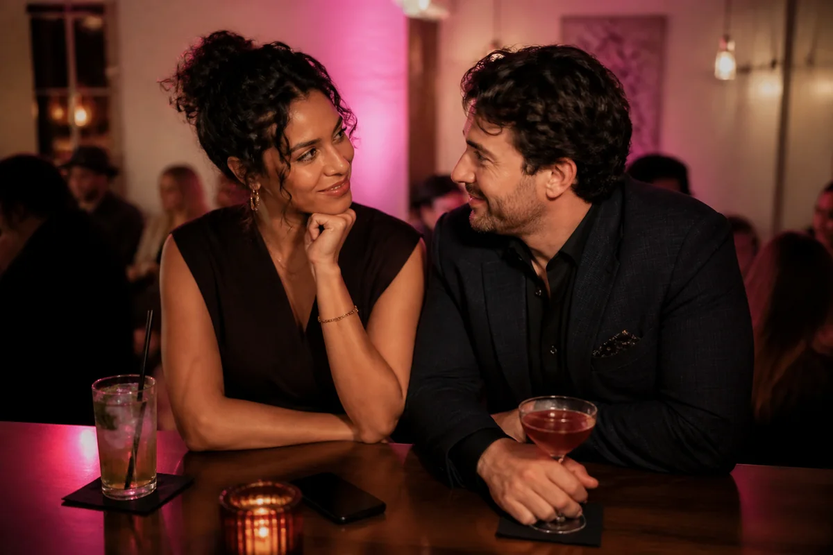 Two adults talking in a softly lit cocktail bar with pink accents