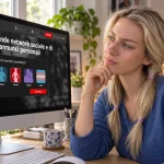Illustrazione editoriale di una donna che osserva con scetticismo AdultFriendFinder sul computer