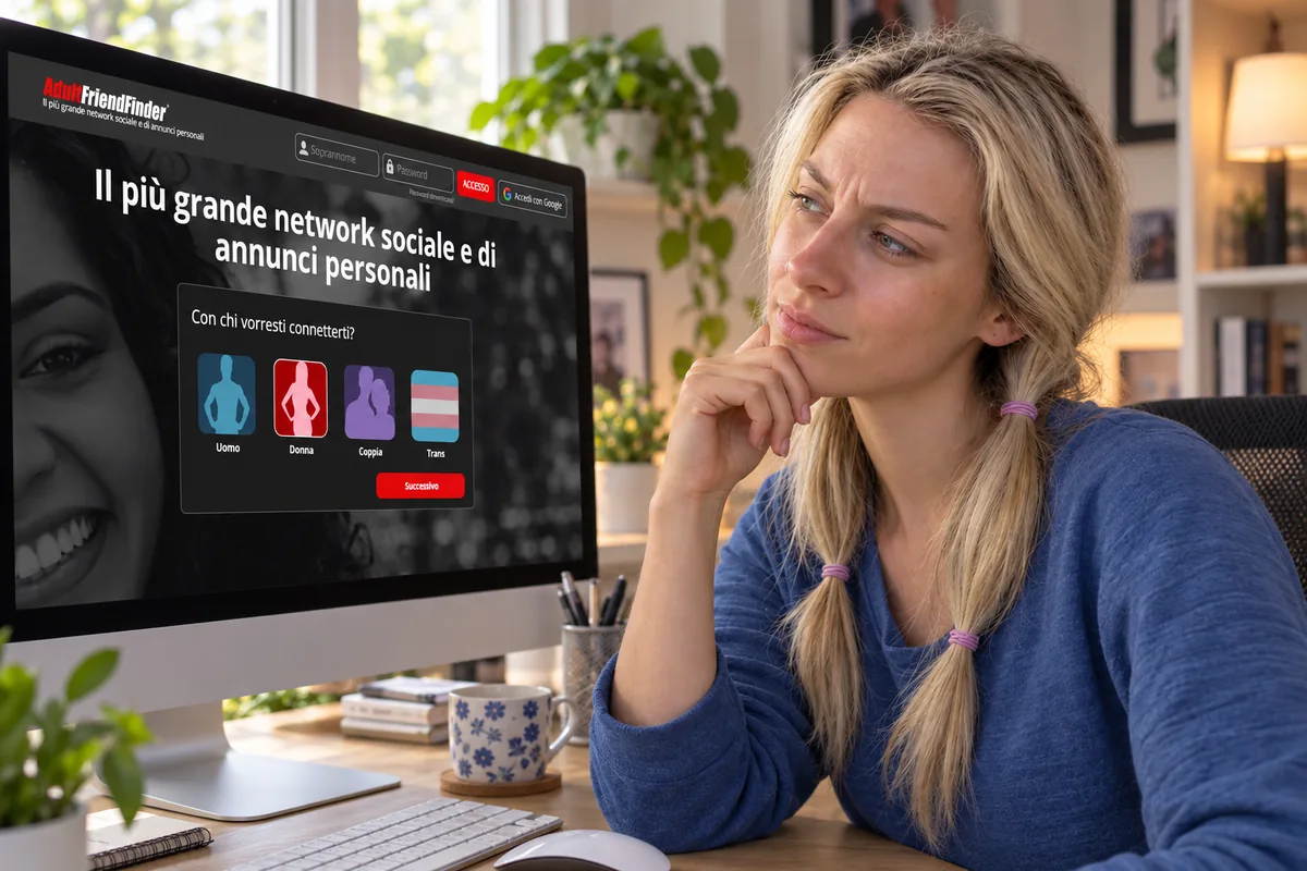 Illustrazione editoriale di una donna che osserva con scetticismo AdultFriendFinder sul computer