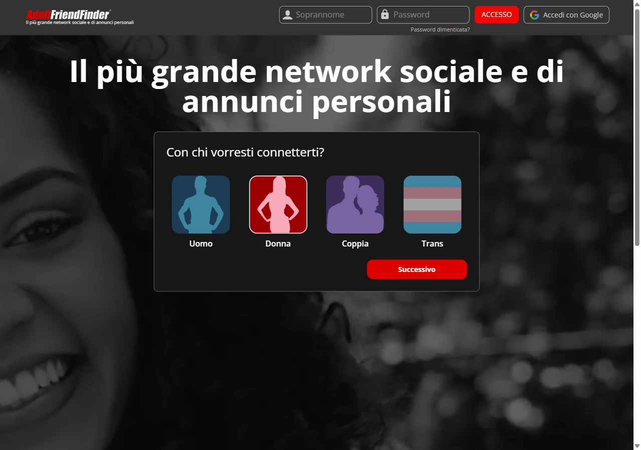 La pagina italiana di AdultFriendFinder e il primo passaggio della registrazione