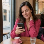 Une femme en chemisier rose consulte son téléphone à la table d’un café