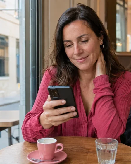 Une femme en chemisier rose consulte son téléphone à la table d’un café