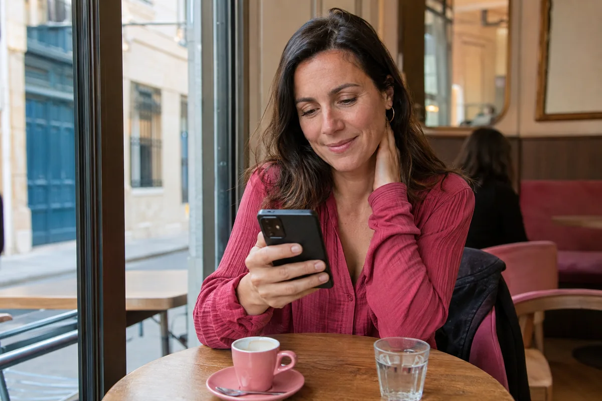 Une femme en chemisier rose consulte son téléphone à la table d’un café