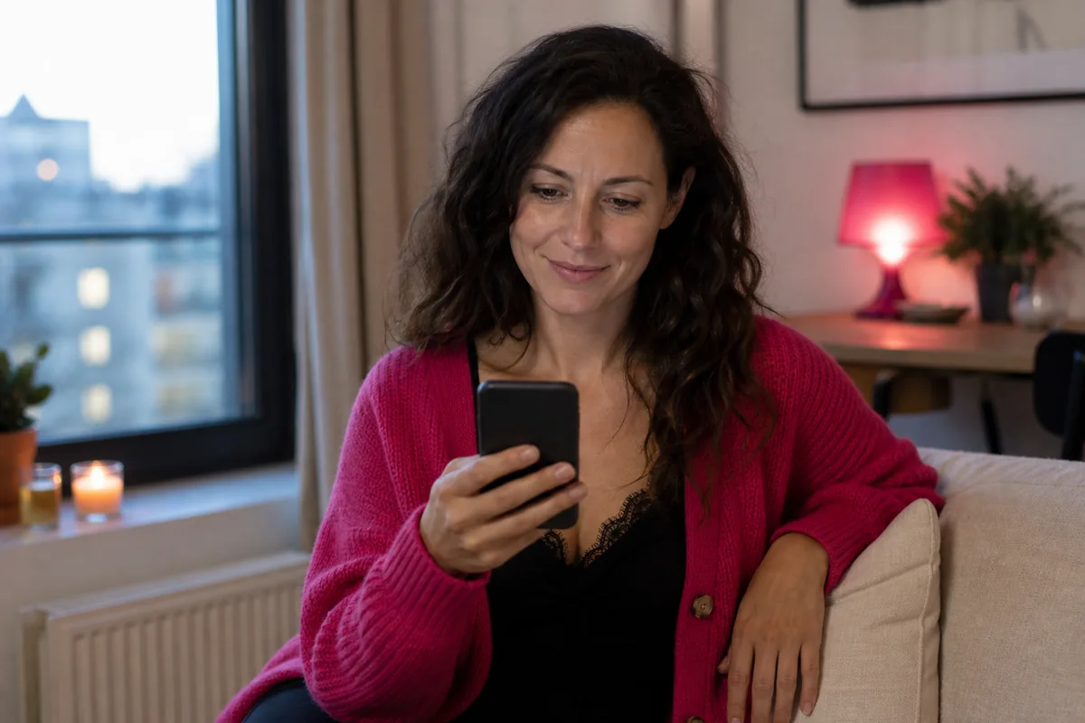 Woman in a pink cardigan checking her phone at home