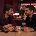 Due uomini adulti conversano in un locale con luci rosa soffuse