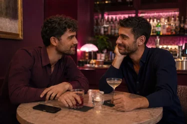 Due uomini adulti conversano in un locale con luci rosa soffuse