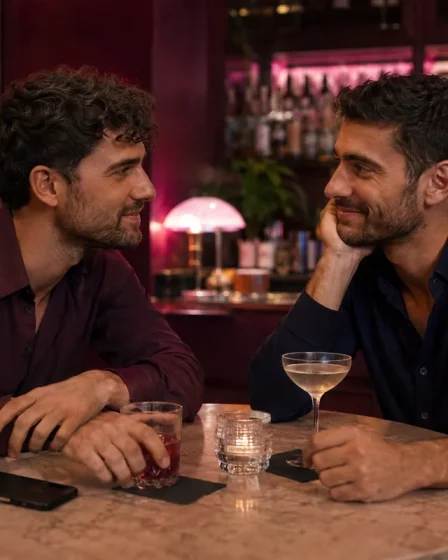 Due uomini adulti conversano in un locale con luci rosa soffuse