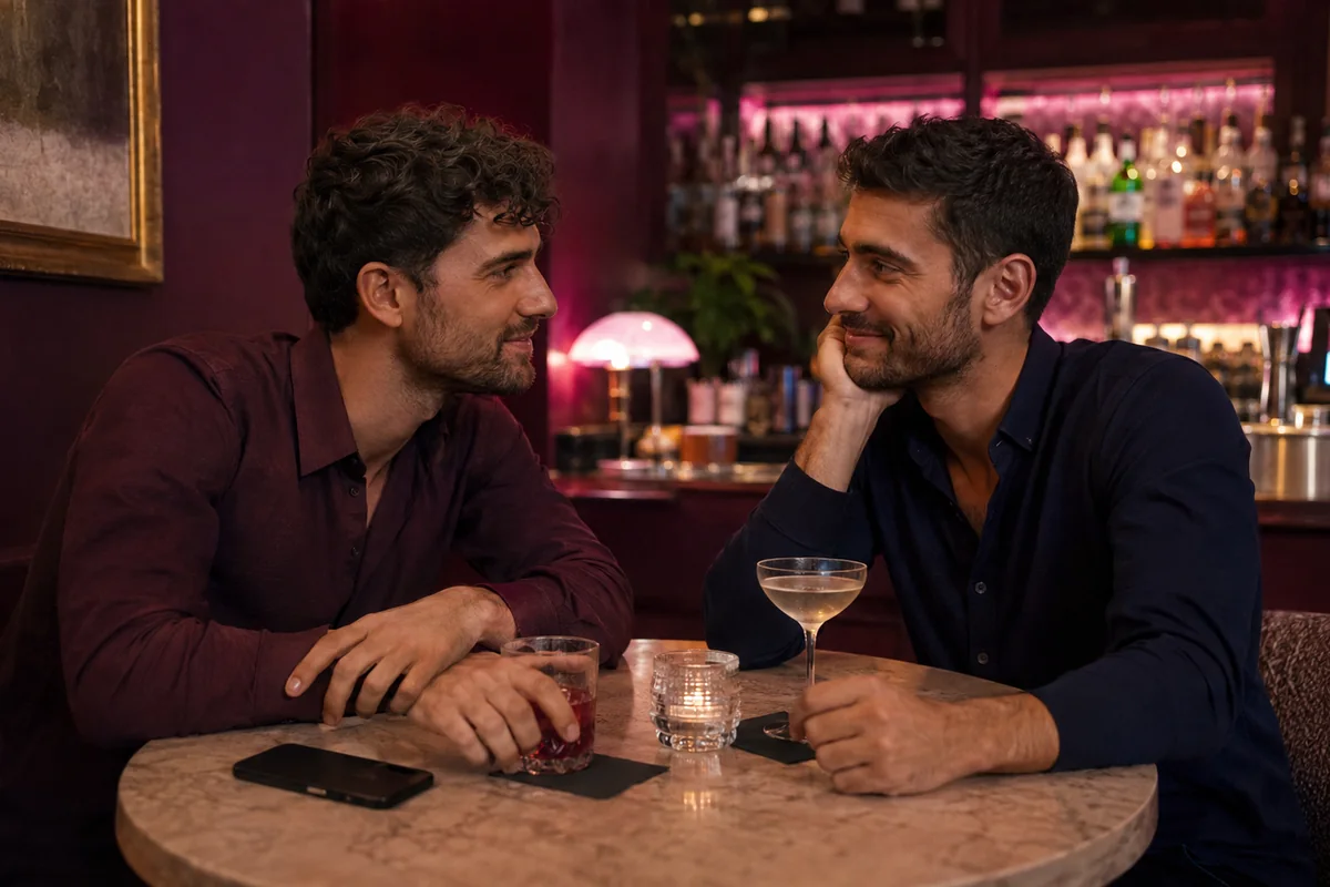 Due uomini adulti conversano in un locale con luci rosa soffuse