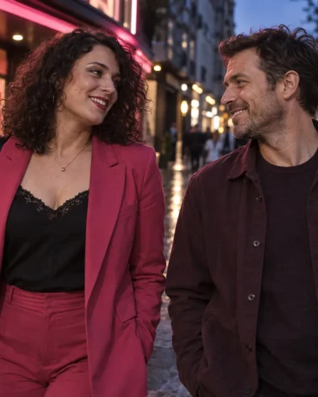 A smiling adult couple walking past a cinema at dusk in pink and plum clothing