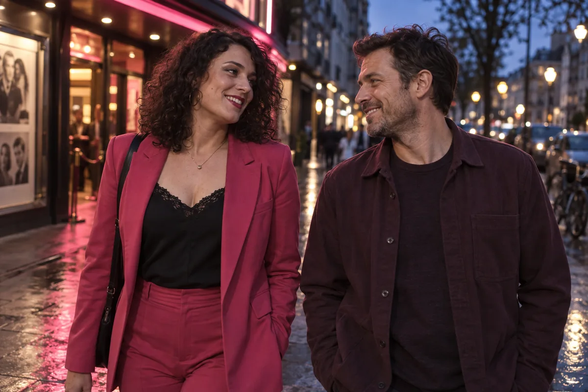 A smiling adult couple walking past a cinema at dusk in pink and plum clothing