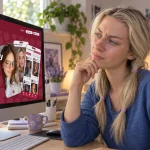 Editorial illustration of a woman looking thoughtfully at Fling on her computer