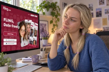 Editorial illustration of a woman looking thoughtfully at Fling on her computer
