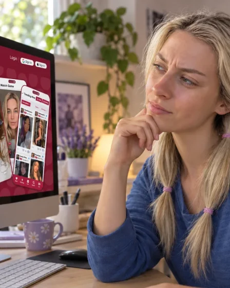 Editorial illustration of a woman looking thoughtfully at Fling on her computer