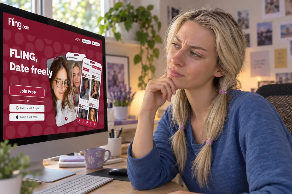 Editorial illustration of a woman looking thoughtfully at Fling on her computer