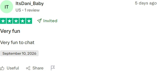 ItsDani_Baby's invited five star Fling review dated September 10, 2026