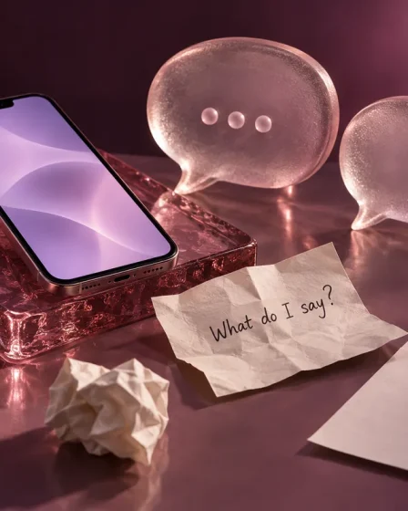 A phone beside rose glass speech bubbles and a handwritten note asking what to say