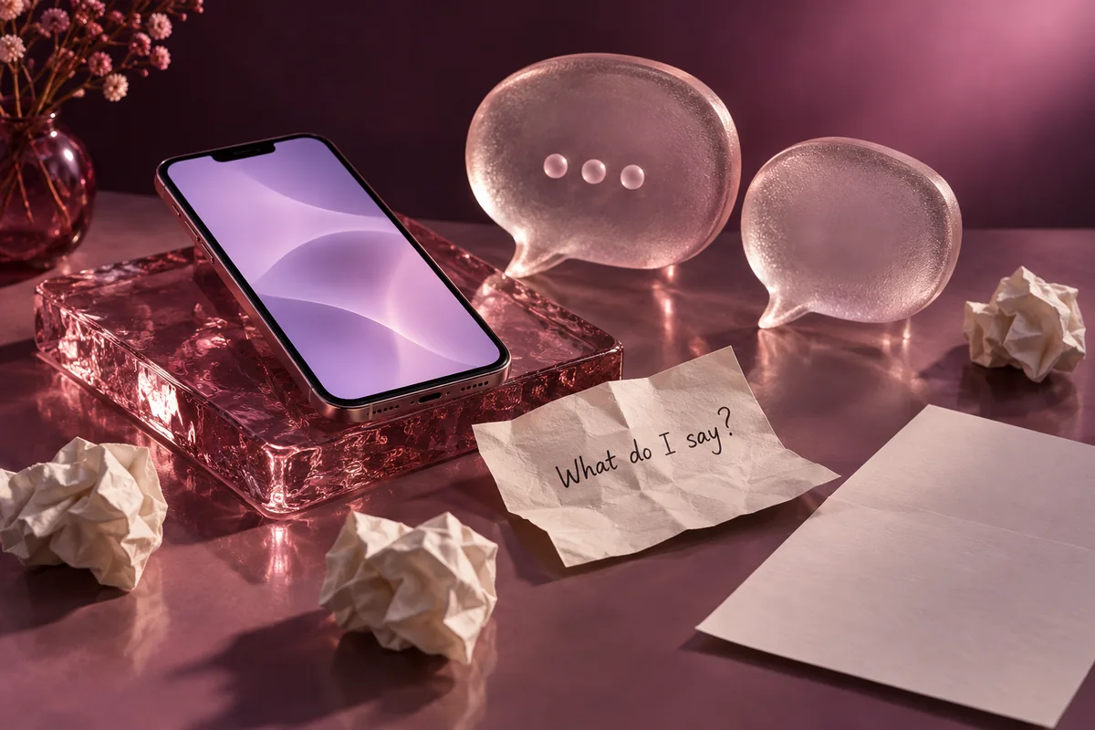 A phone beside rose glass speech bubbles and a handwritten note asking what to say