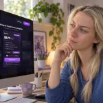 Illustration d’une femme au regard sceptique devant le site Secrets AI sur son ordinateur