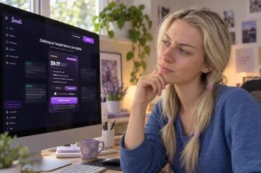 Illustration d’une femme au regard sceptique devant le site Secrets AI sur son ordinateur