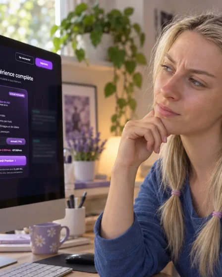 Illustration d’une femme au regard sceptique devant le site Secrets AI sur son ordinateur