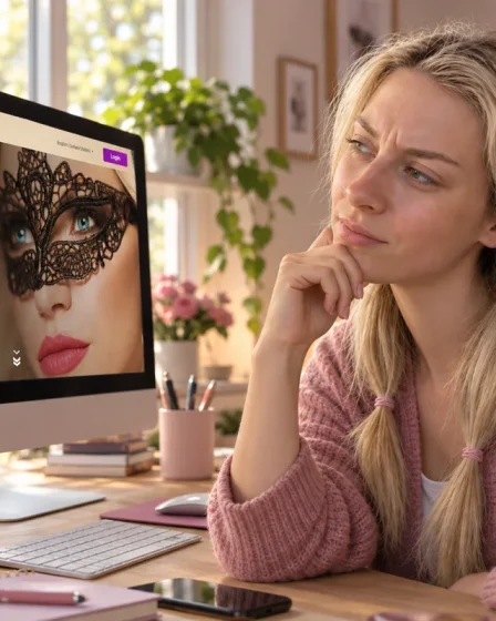 Editorial illustration of a woman considering Victoria Milan on her computer