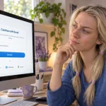 Editorial illustration of a woman looking skeptically at Zoosk on her computer