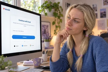 Editorial illustration of a woman looking skeptically at Zoosk on her computer