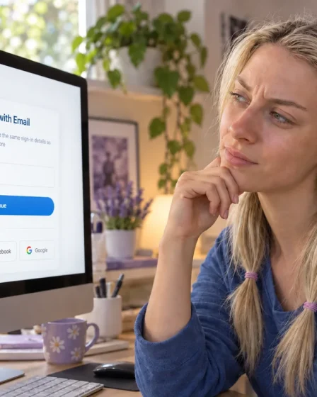 Editorial illustration of a woman looking skeptically at Zoosk on her computer
