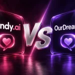 Candy AI and OurDream AI facing off around a large VS in pink and purple