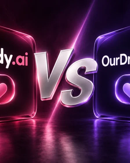 Candy AI and OurDream AI facing off around a large VS in pink and purple