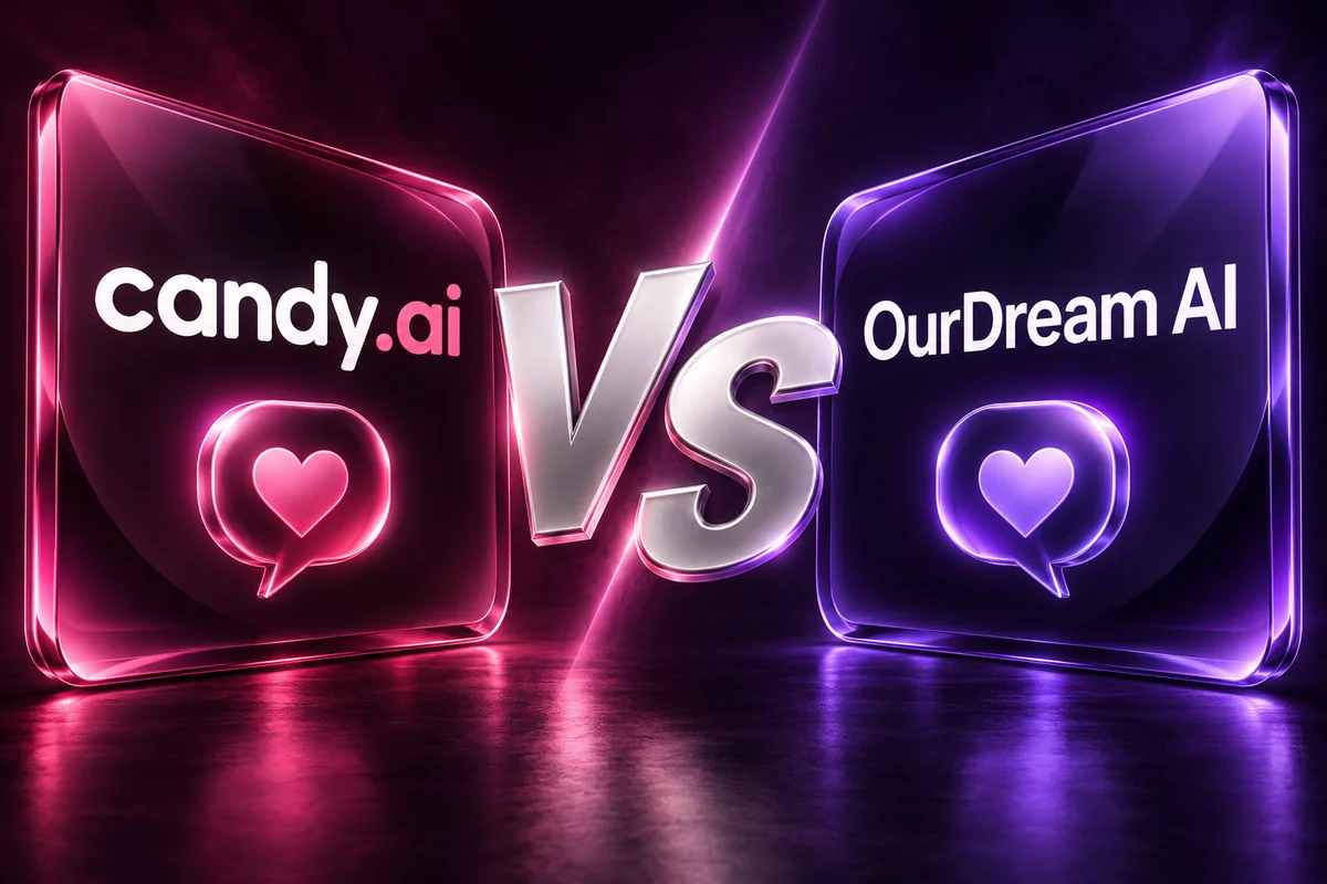 Candy AI and OurDream AI facing off around a large VS in pink and purple
