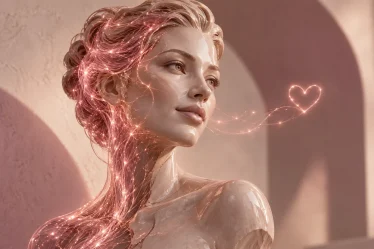 Un volto femminile digitale scolpito nella luce rosa con dettagli luminosi
