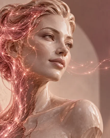 Un volto femminile digitale scolpito nella luce rosa con dettagli luminosi