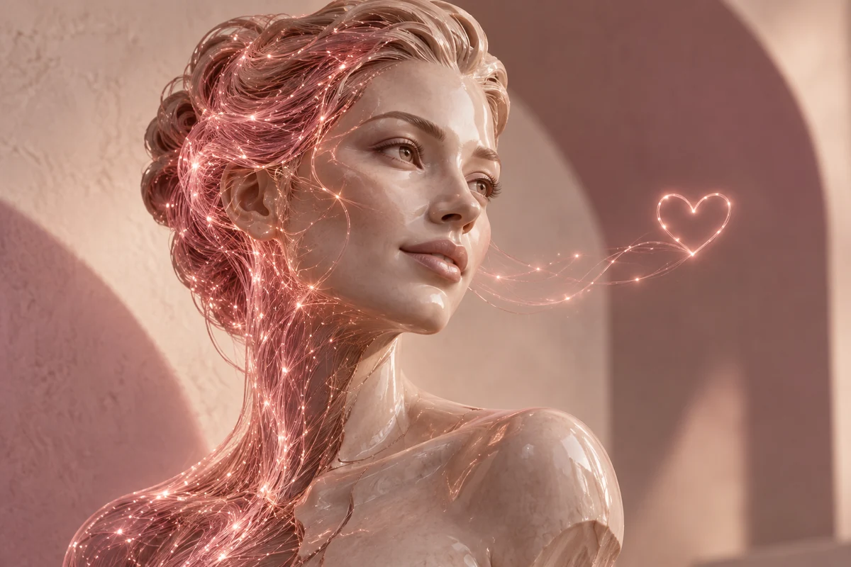 Un volto femminile digitale scolpito nella luce rosa con dettagli luminosi